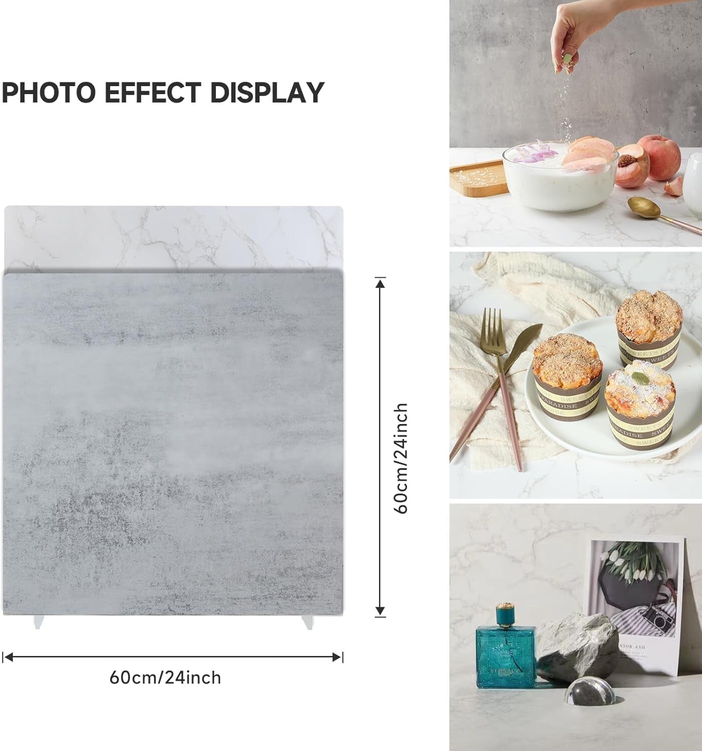 2 PCS White Marble & Cement Photo Backdrop Boards with Brackets for Photography