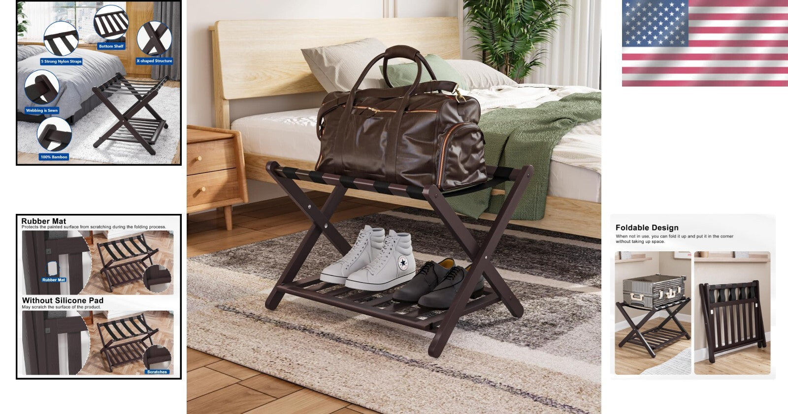 Fully Assembled Bamboo Luggage Rack with 5 Straps - Modern Guest Room Essentials