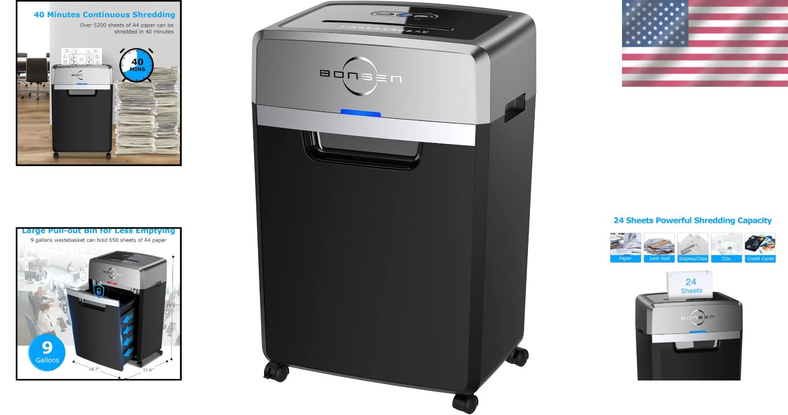 Efficient Office Heavy Duty Paper Shredder - 24 Sheets, Quiet, 9-Gallon Capacity