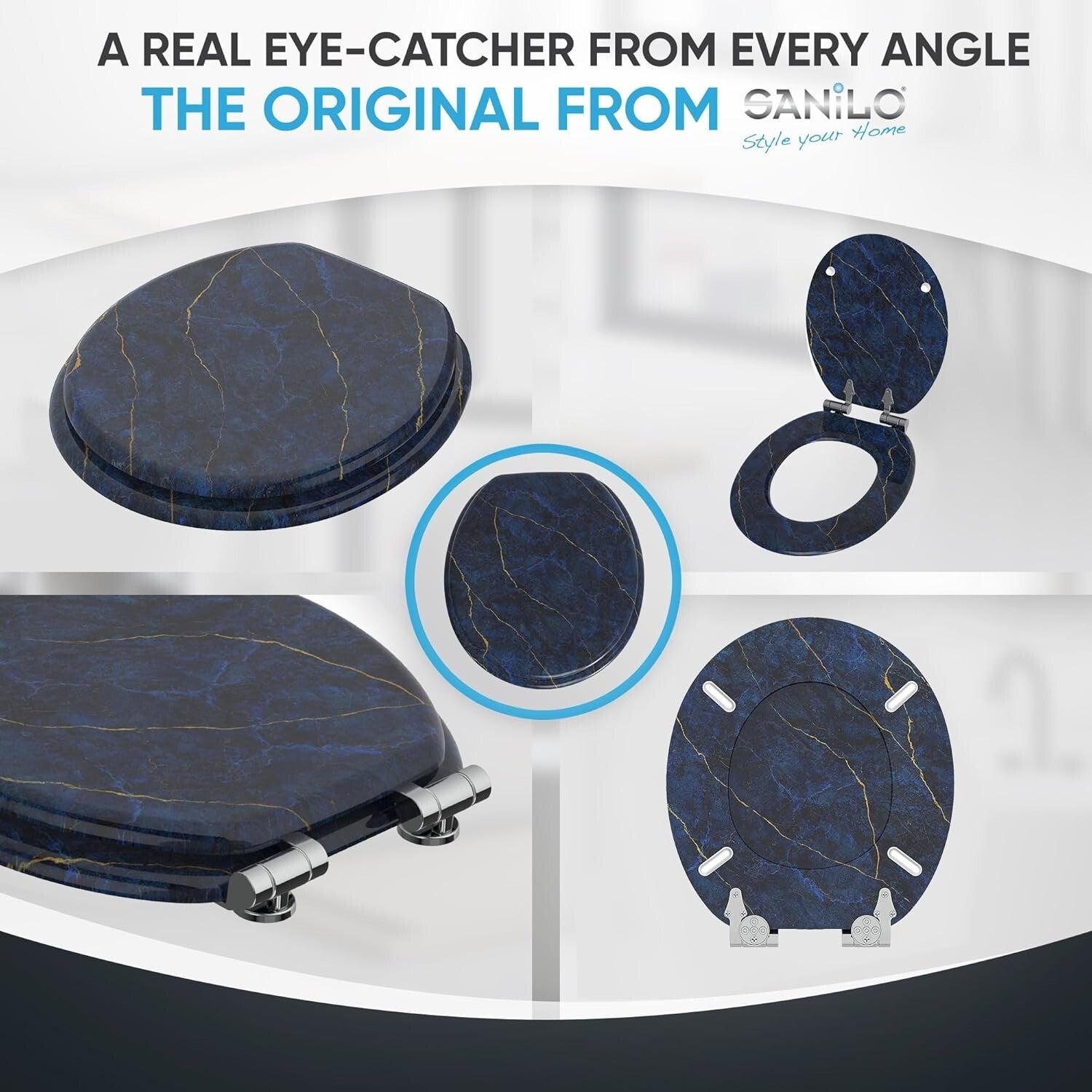 Elegant Soft Close Toilet Seat with Marble Dark Blue Design - Adjustable Fit