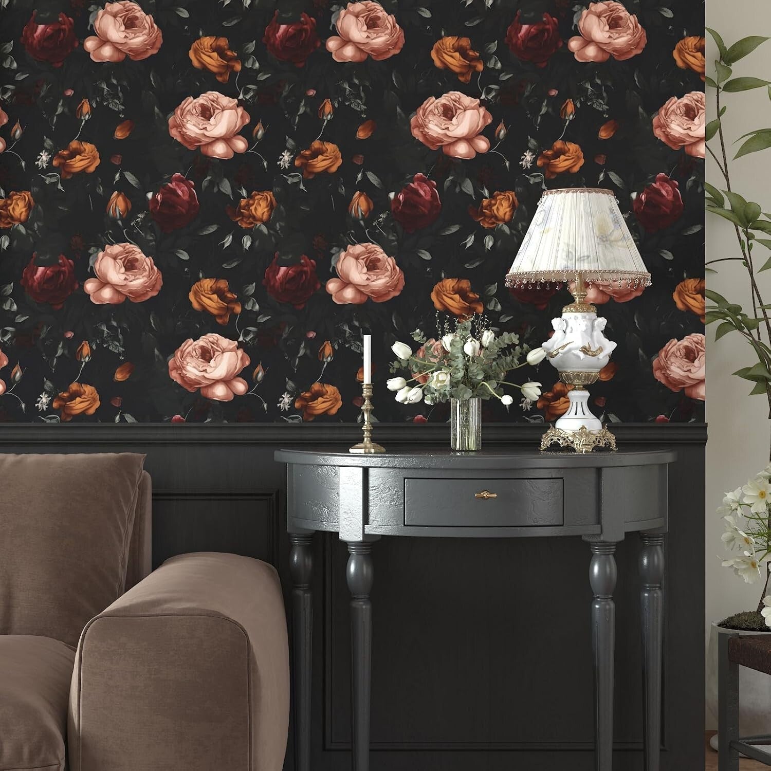 Elegant Black Floral Peel and Stick Wallpaper - Large Coverage 17.5in x 393.7in