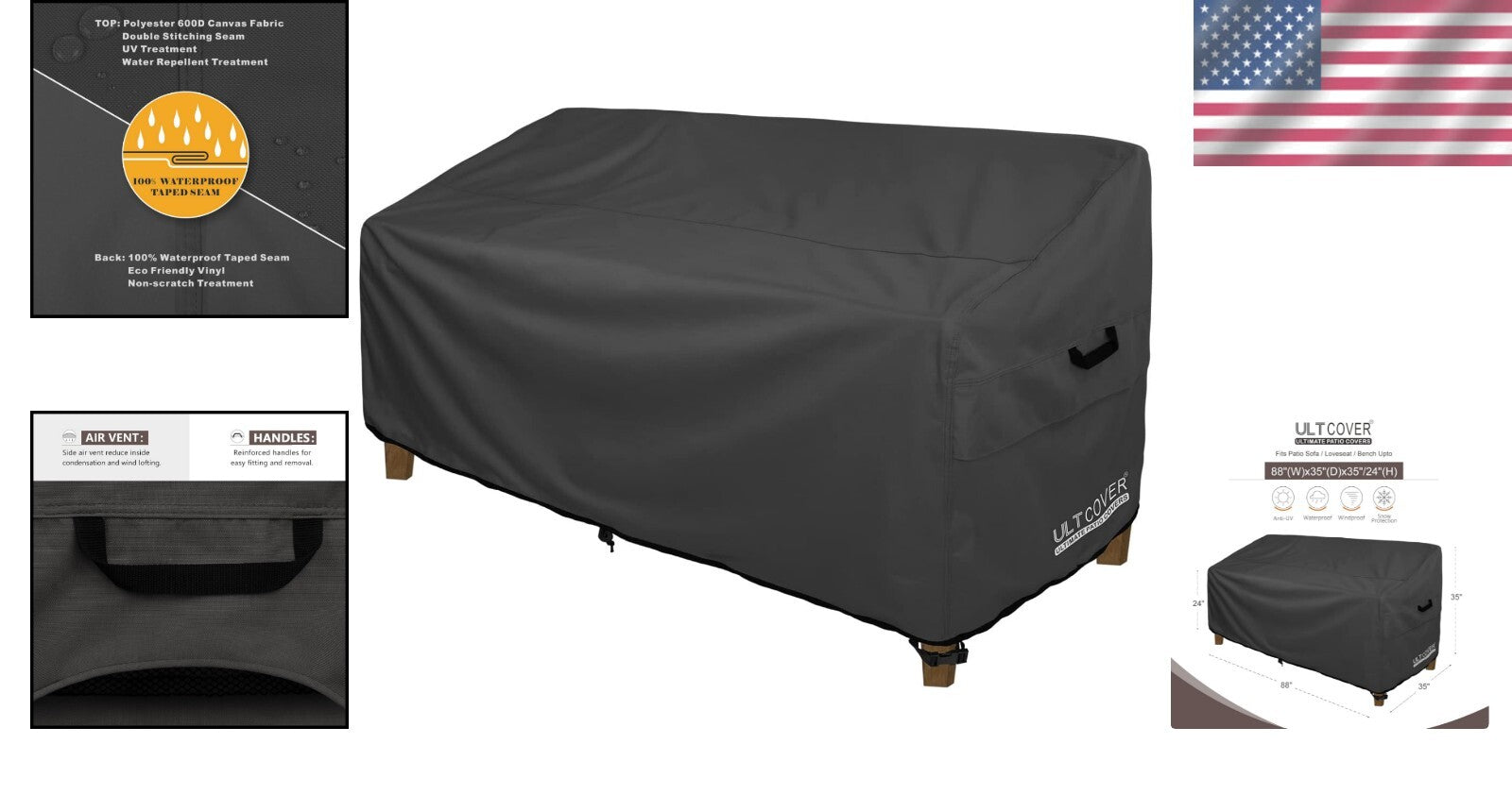 Durable Patio Furniture Cover for 3-Seater Sofa - Black Waterproof Design