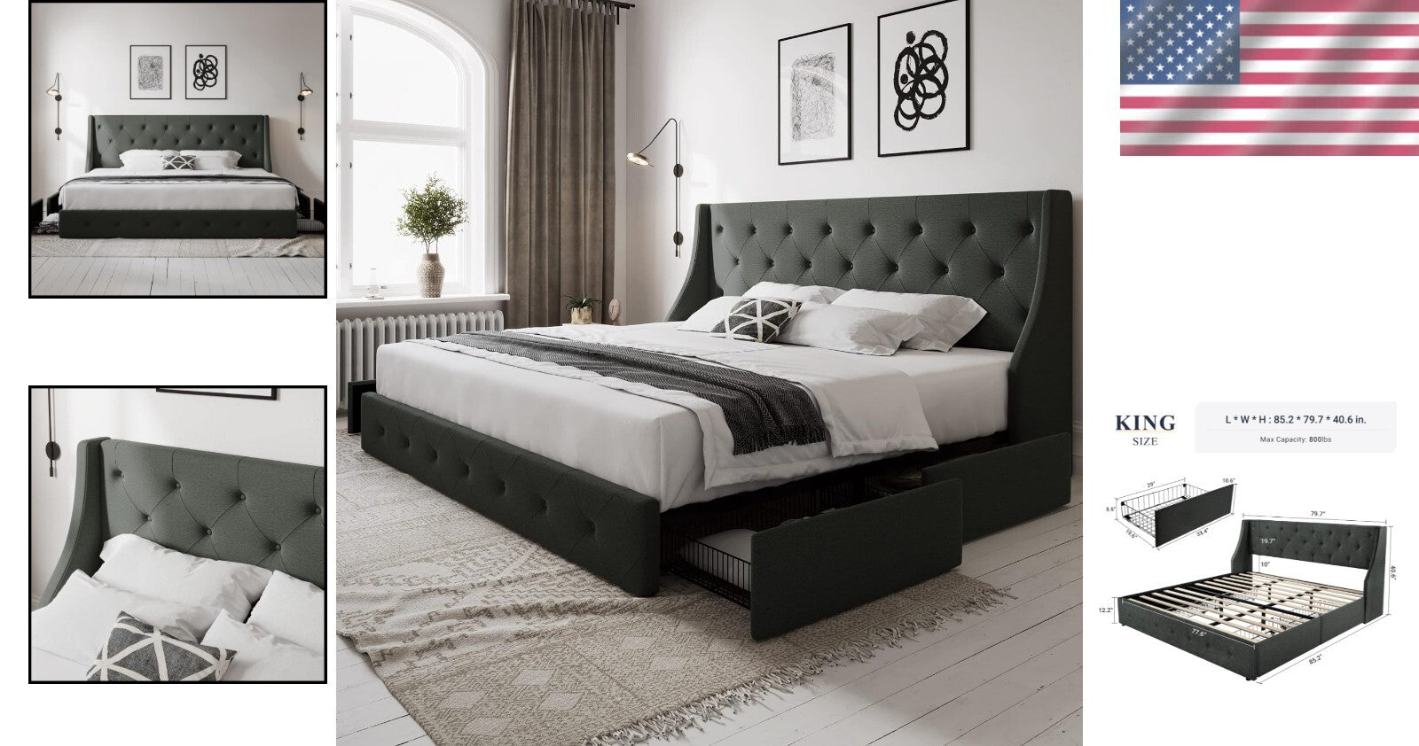 Durable Linen King Bed Frame with 4 Under-Bed Storage Drawers - Fade Resistant