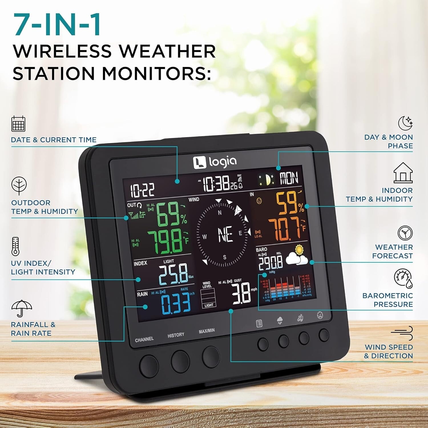 Advanced 7-in-1 Weather Station: Indoor/Outdoor Sensor with Forecast Alerts