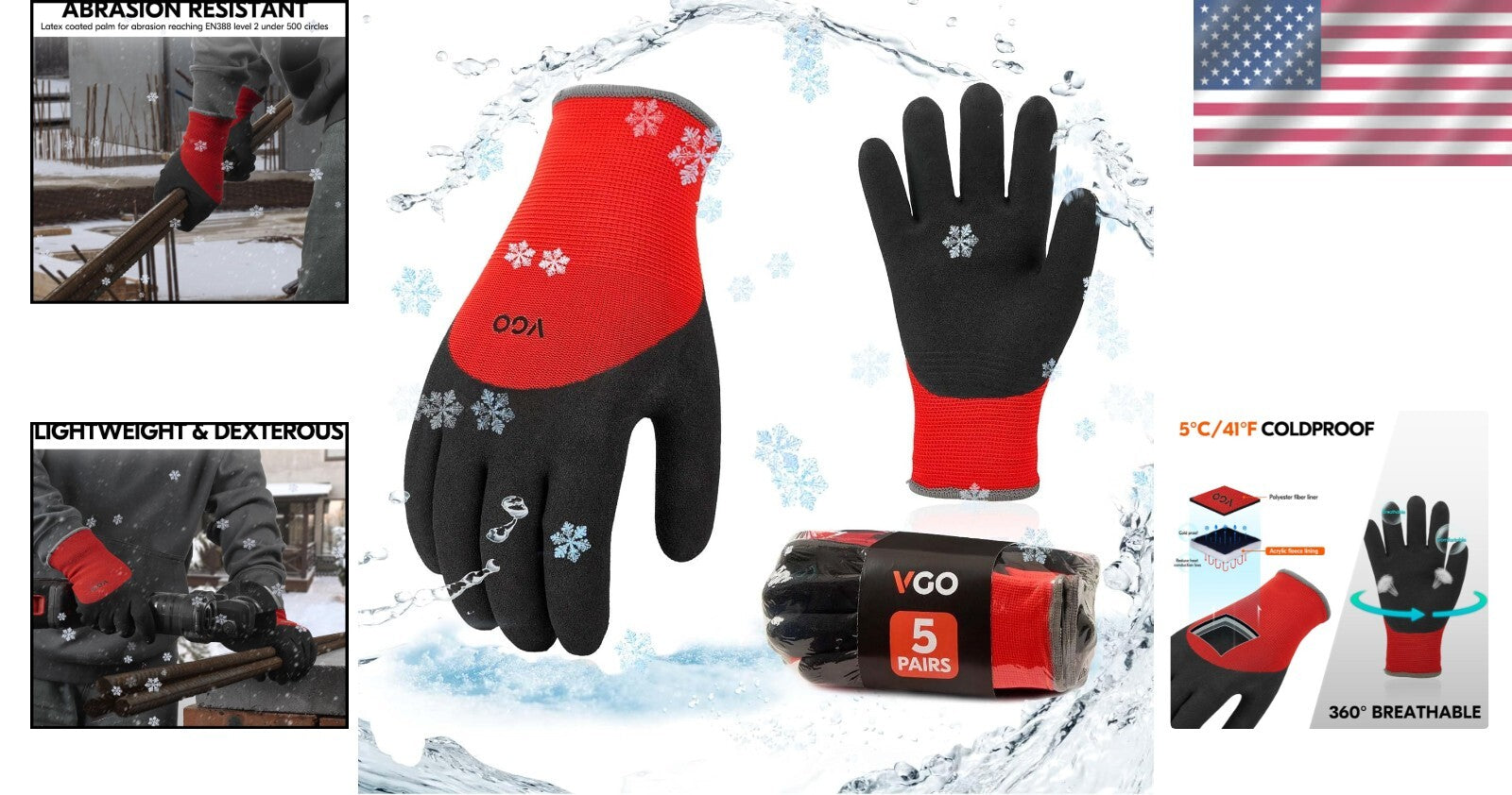 5 Pairs Double Lined Winter Work Gloves with Durable Grip for Cold Conditions