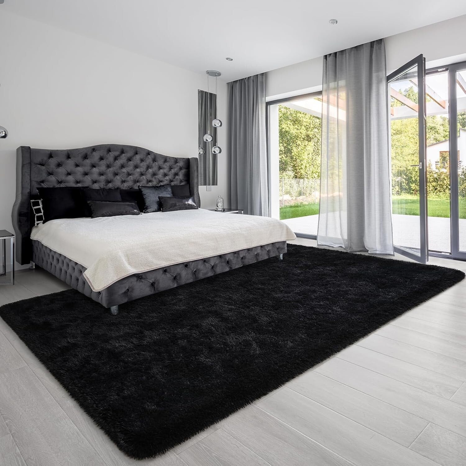 Fluffy Black Area Rug 6' x 9' - Machine Made Soft Rug for Kids & Living Rooms