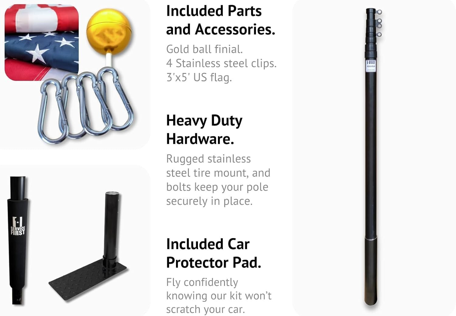 20FT Tailgate Flag Pole Kit with Stainless Steel Mount & Car Protector Pad