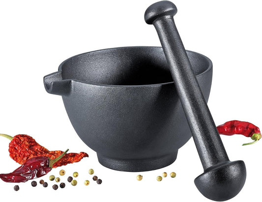 Extra Large Cast Iron Mortar and Pestle with Pour Spout for Authentic Cooking