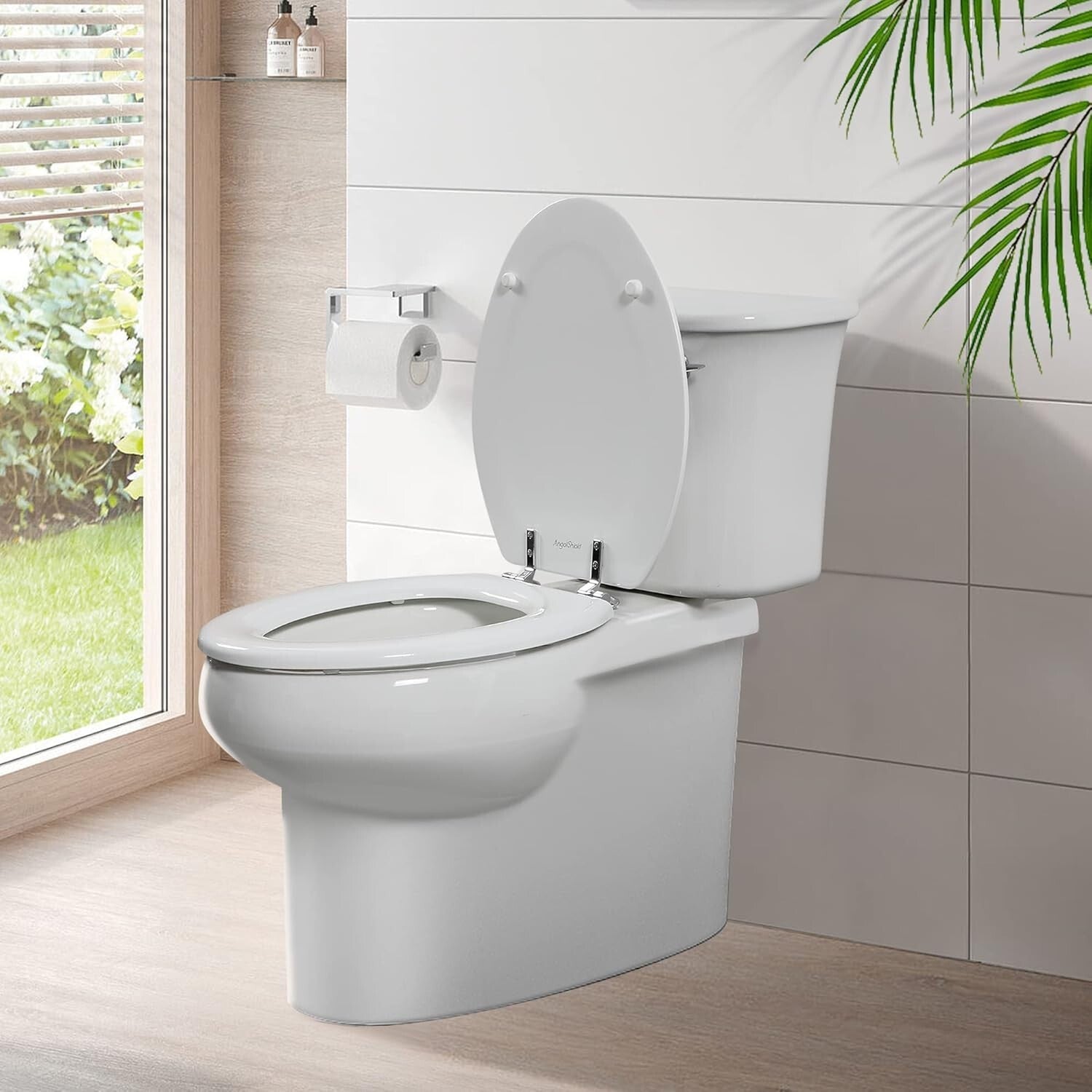 Elegant Elongated White Toilet Seat in Durable Natural Wood with Zinc Hinges