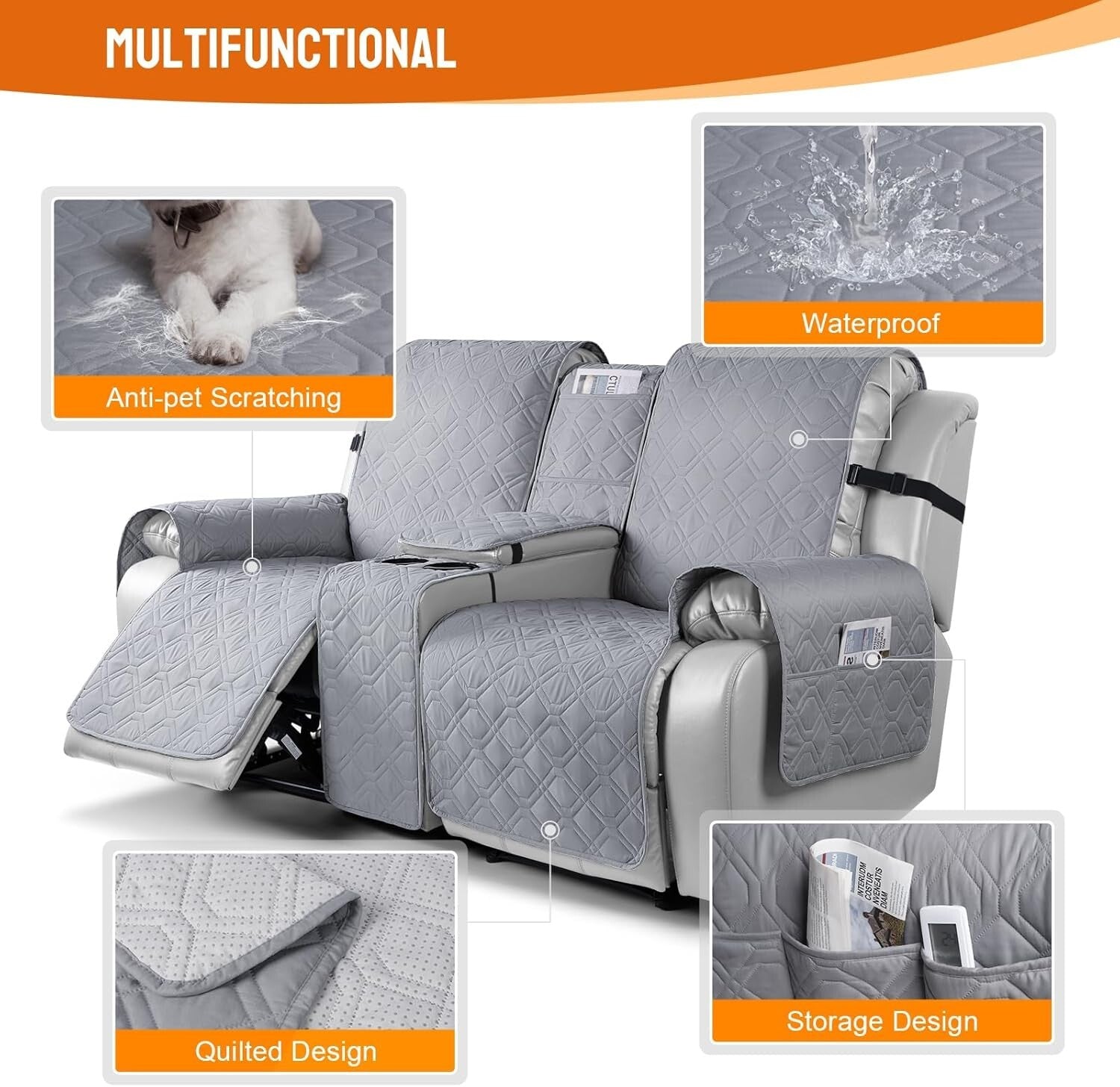 Slip-Resistant Two-Seater Recliner Cover with Console & Side Pockets - Easy Care