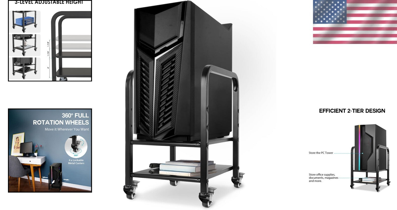 Efficient Computer Case Stand with 2-Tier Design and Mobile Caster Wheels
