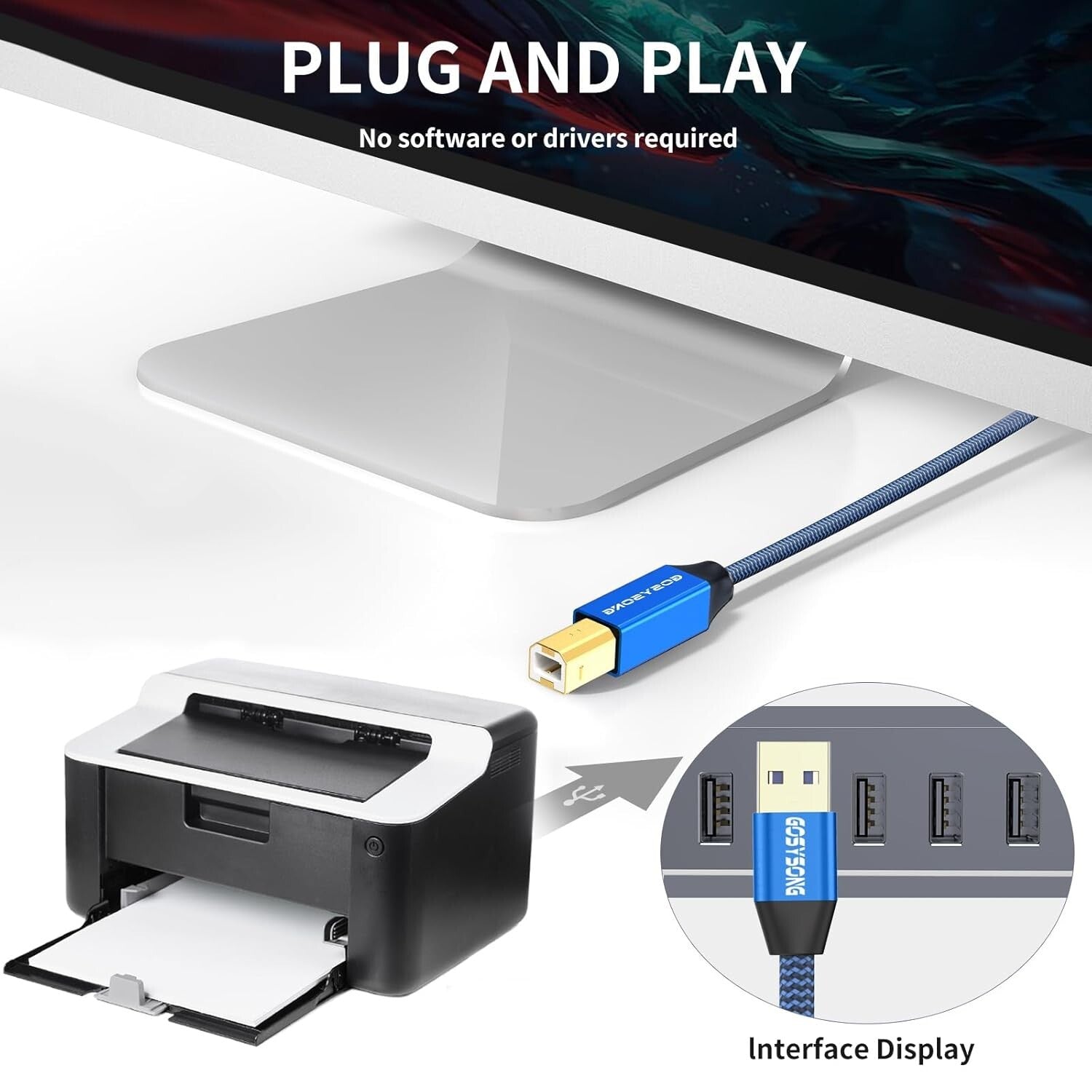 100ft USB 2.0 Type A to B Cable - High-Speed Compatibility with Multiple Devices