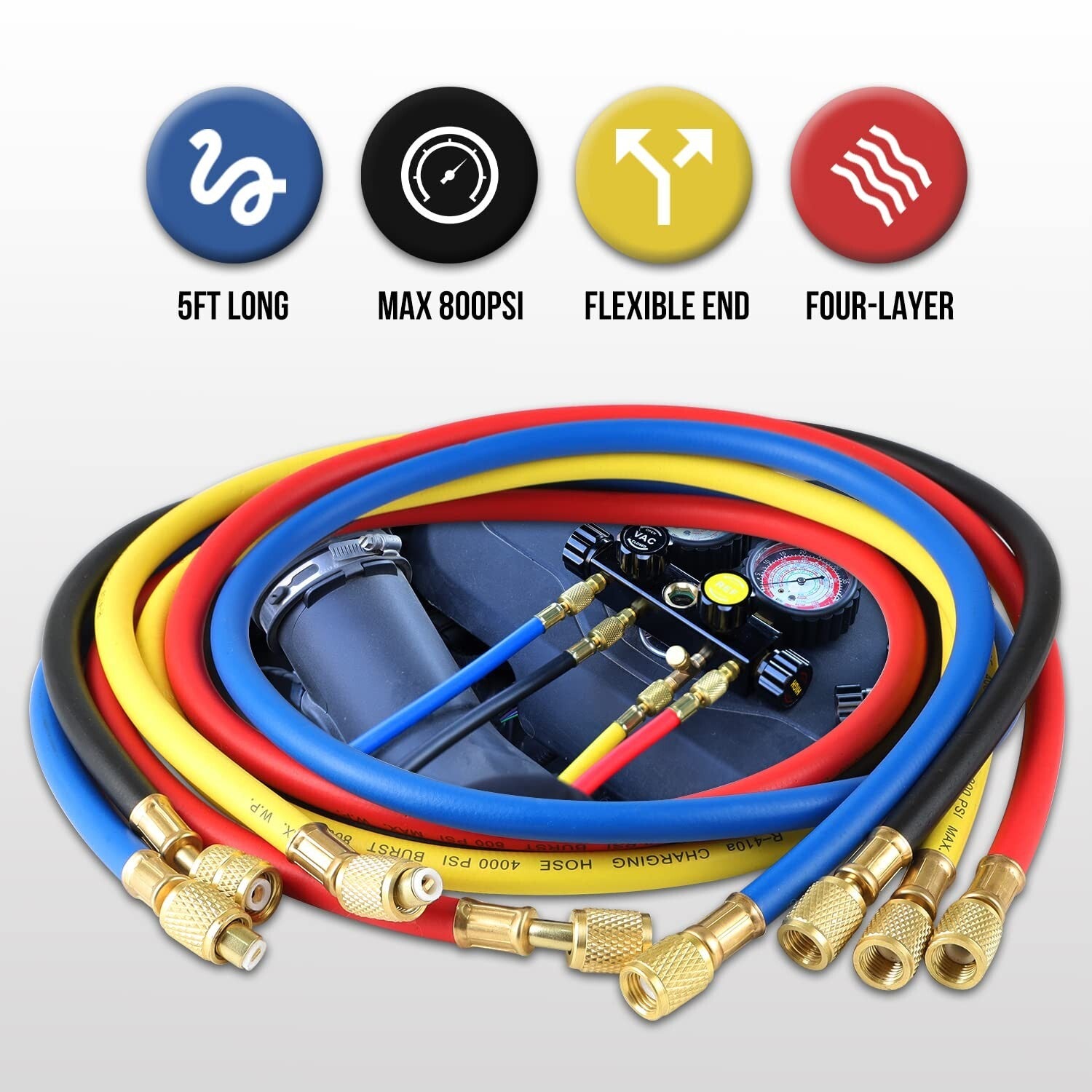 4-Valve Automotive AC Gauge Set for R1234YF & R134A Refrigerants - Heavy Duty