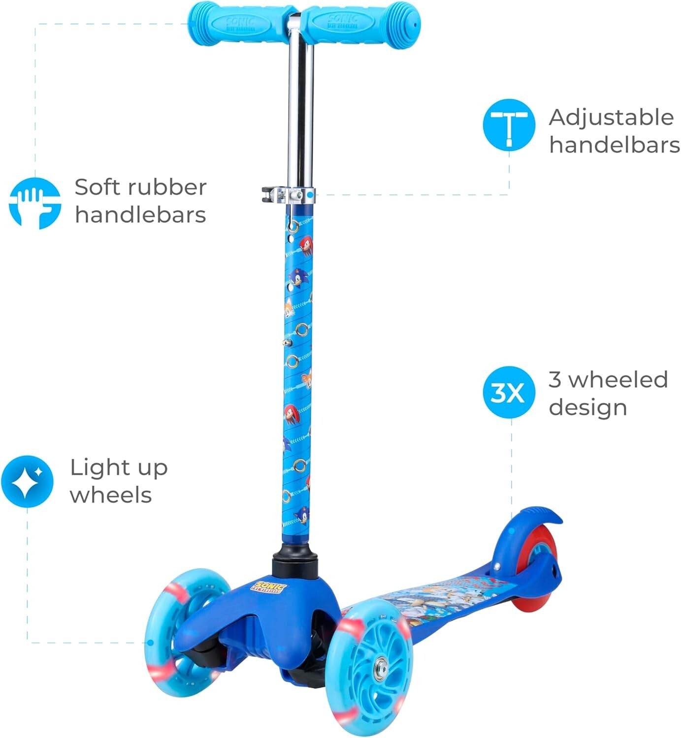Adjustable Sonic Scooter for Kids Aged 3-5 - Light Up Wheels & Stability