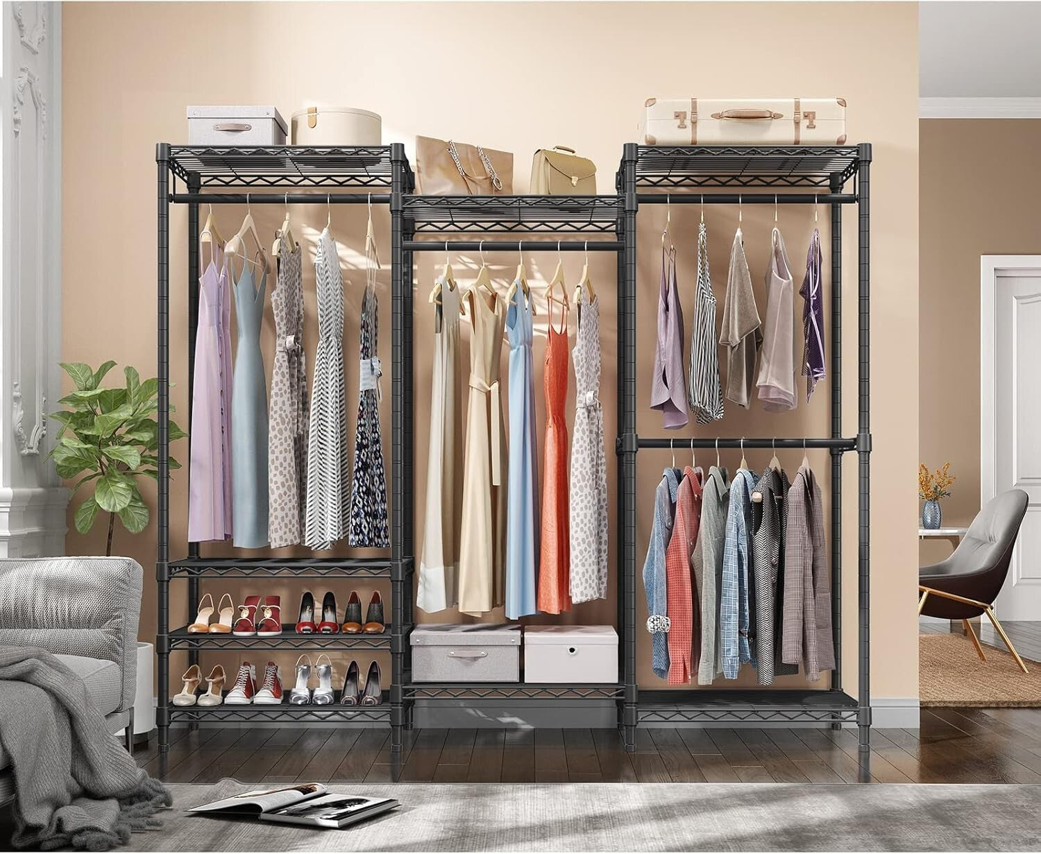 890lb Load Portable Closet Organizer - 4 Hang Rods & 8 Shelves, Adjustable