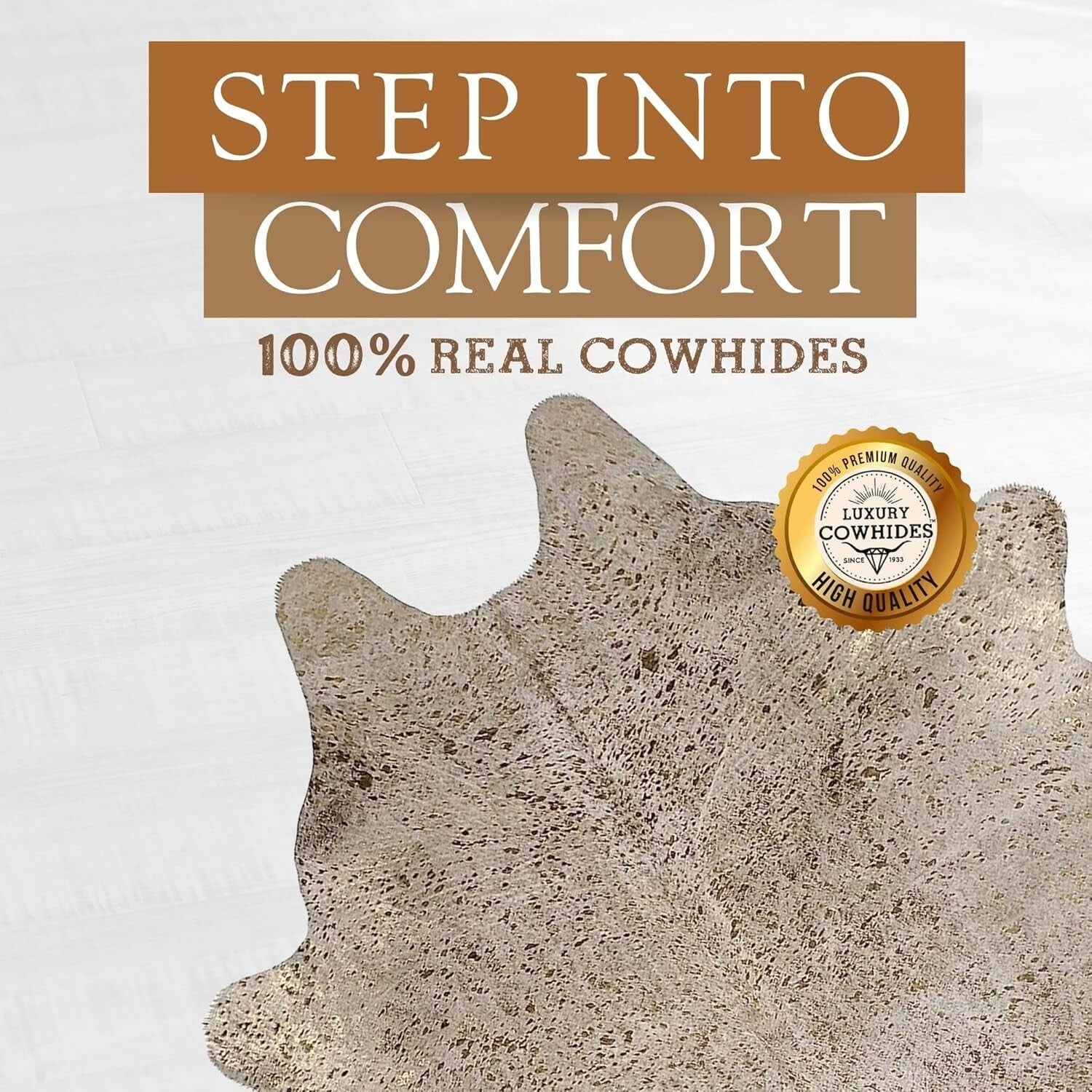 Large Metallic Gold On Off White Cowhide Area Rug - Unique 6x8 Ft. Animal Shape