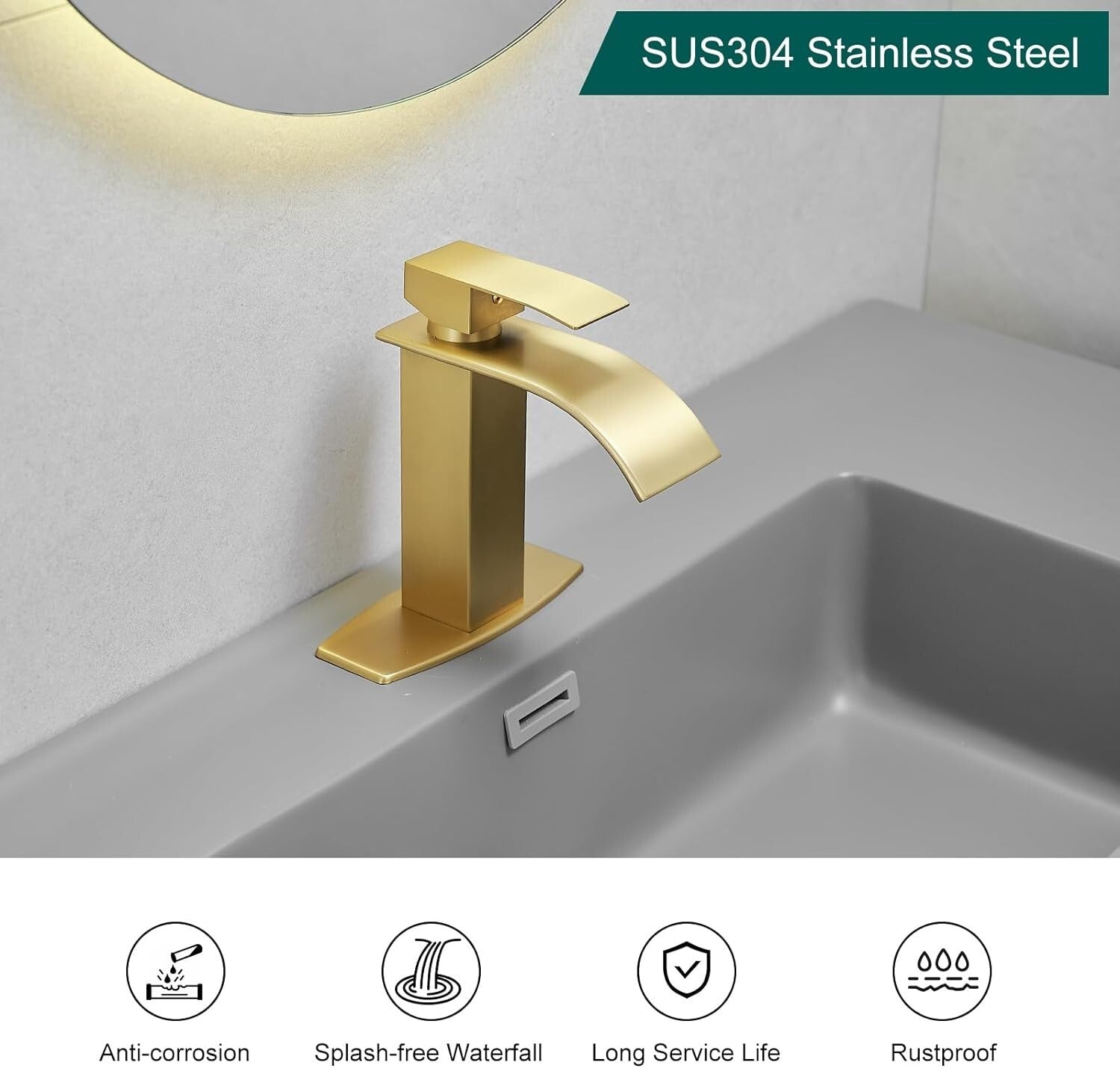 Durable Brushed Gold Waterfall Sink Faucet with Drain - Modern Design Excellence