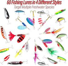 Load image into Gallery viewer, Durable Fishing Tackle Bag with 60 Assorted Lures - Lightweight &amp; Convenient