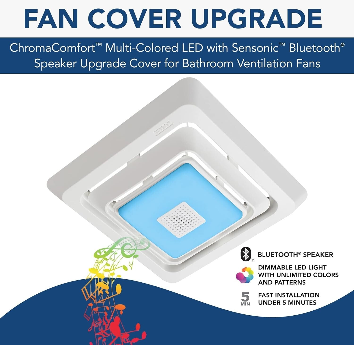 Customizable LED Bath Fan Cover with Wireless Bluetooth Speaker - Quick Install