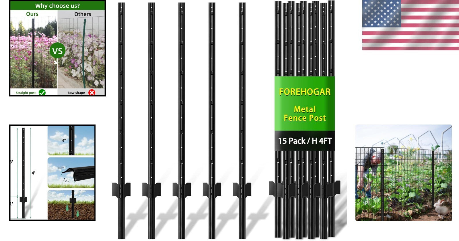 Versatile 4ft Black Steel Fence Posts - Ideal for Garden and Animal Barriers