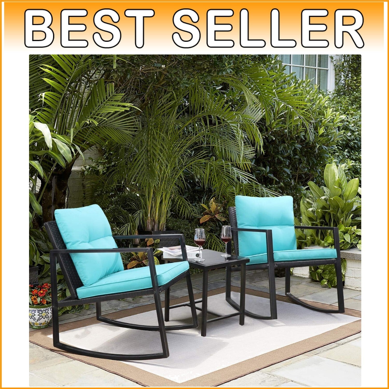 Durable Patio 3-Piece Rocking Wicker Set with Glass Table - Blue Elegance