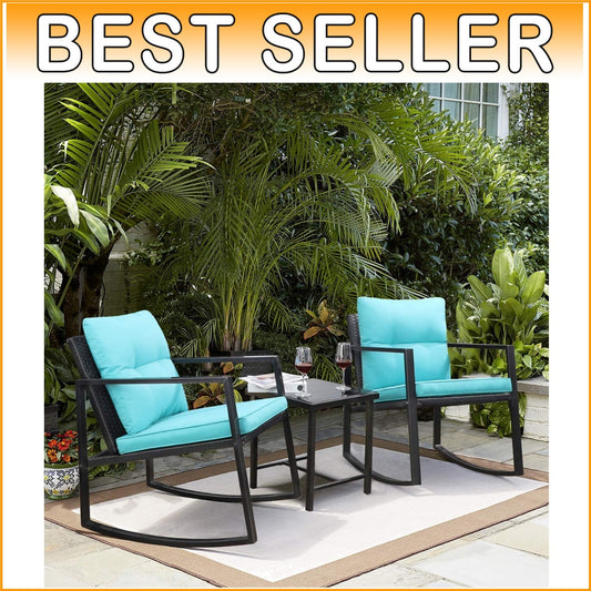 Durable Patio 3-Piece Rocking Wicker Set with Glass Table - Blue Elegance