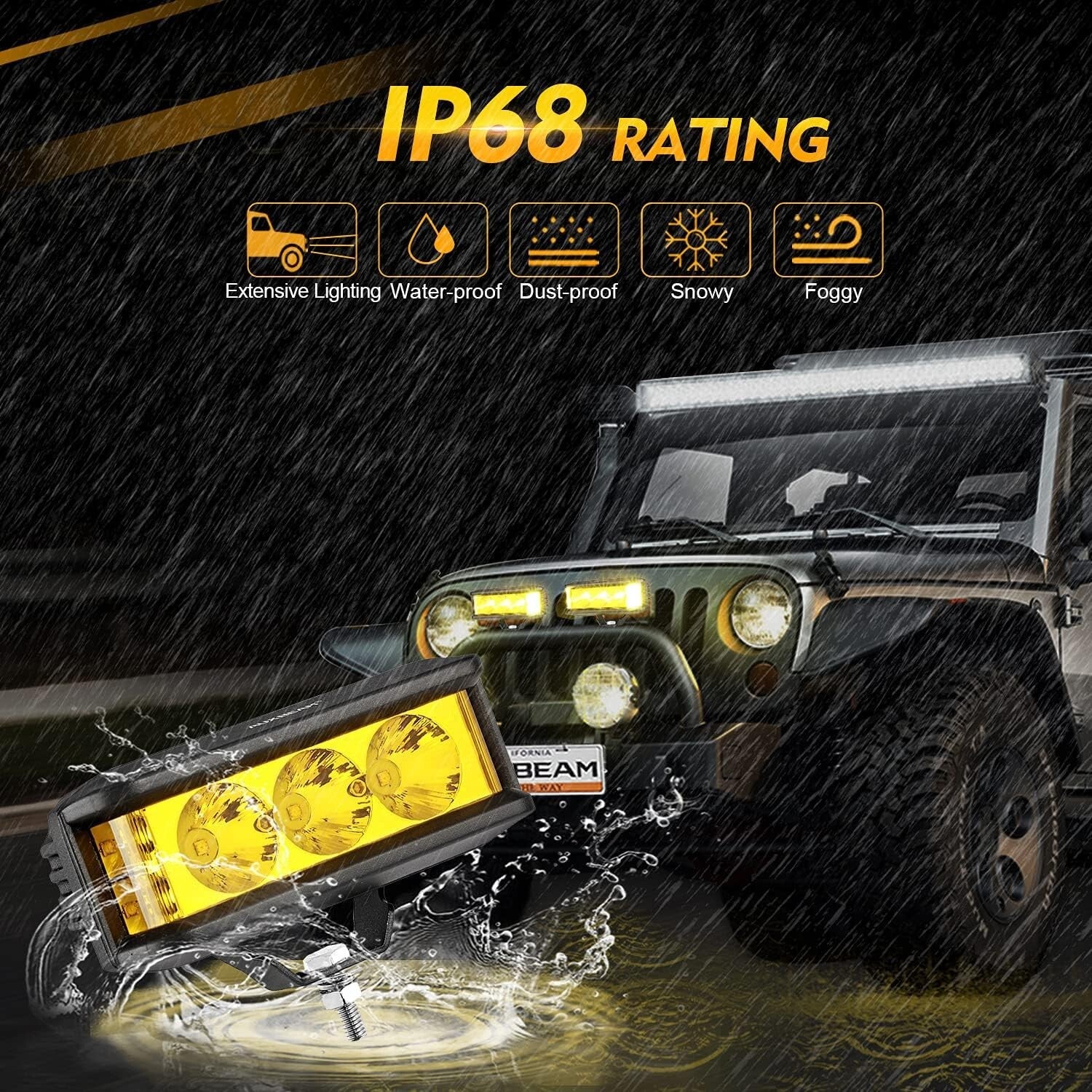 Compact Waterproof Amber LED Light Bar with Side Shooter - 68W Brightness