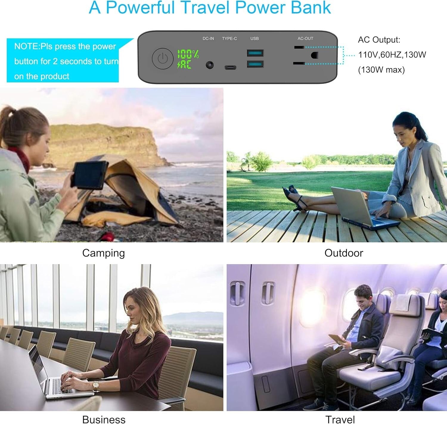 Sleek Portable Charger 60000mAh, 130W AC Outlet & LED Display - Ideal for Travel