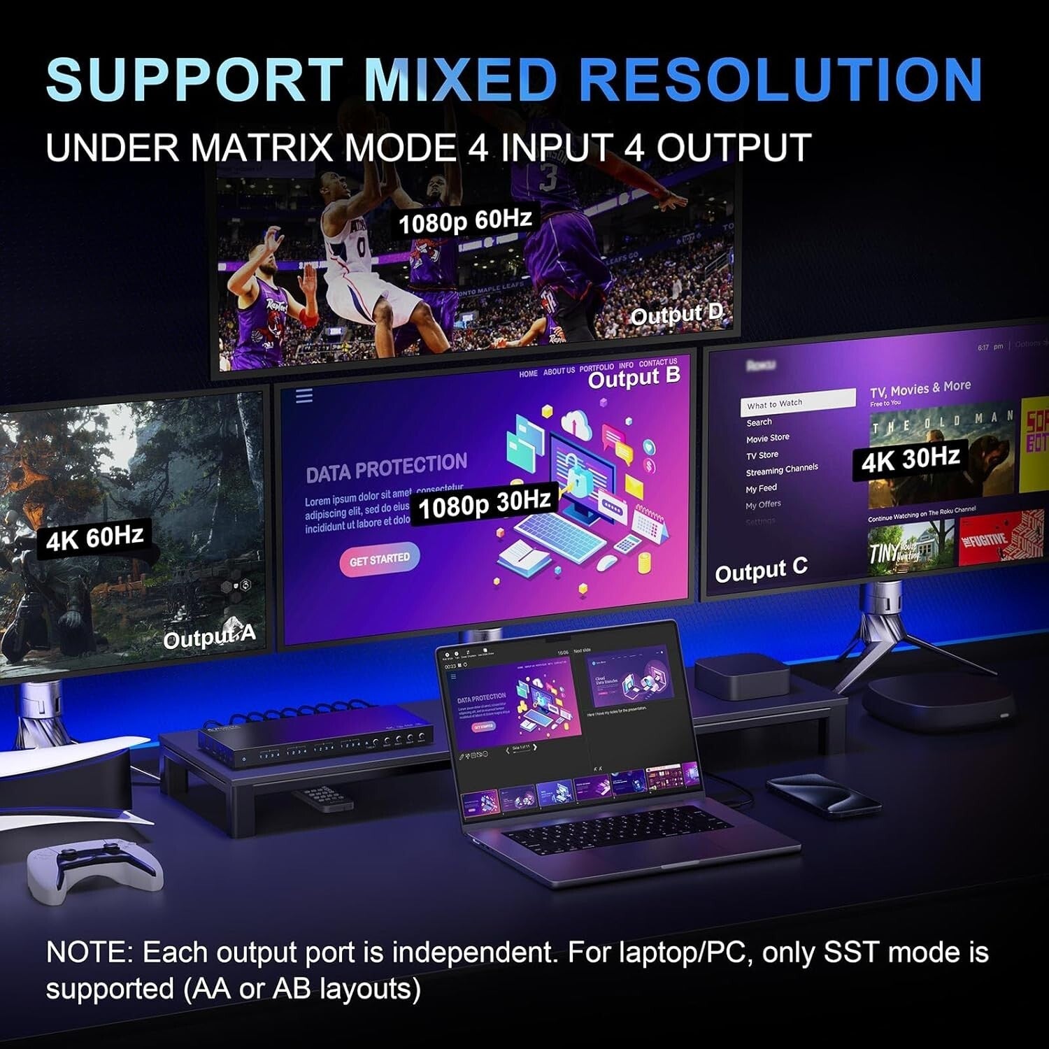 4x4 HDMI Matrix Switcher 4K 60Hz with Audio Extractor & Remote Control