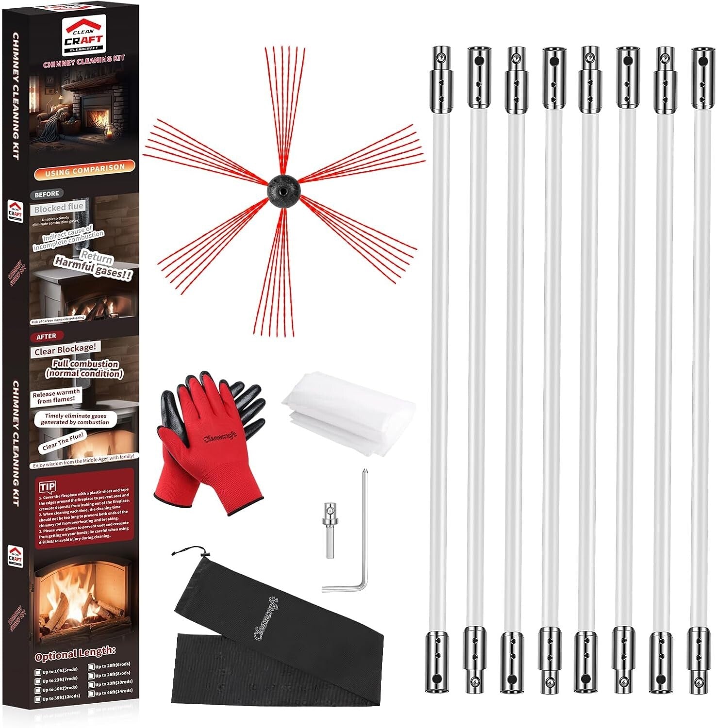 Efficient Chimney Cleaning Kit: 33 Feet of Flexible Nylon Rods & Tools
