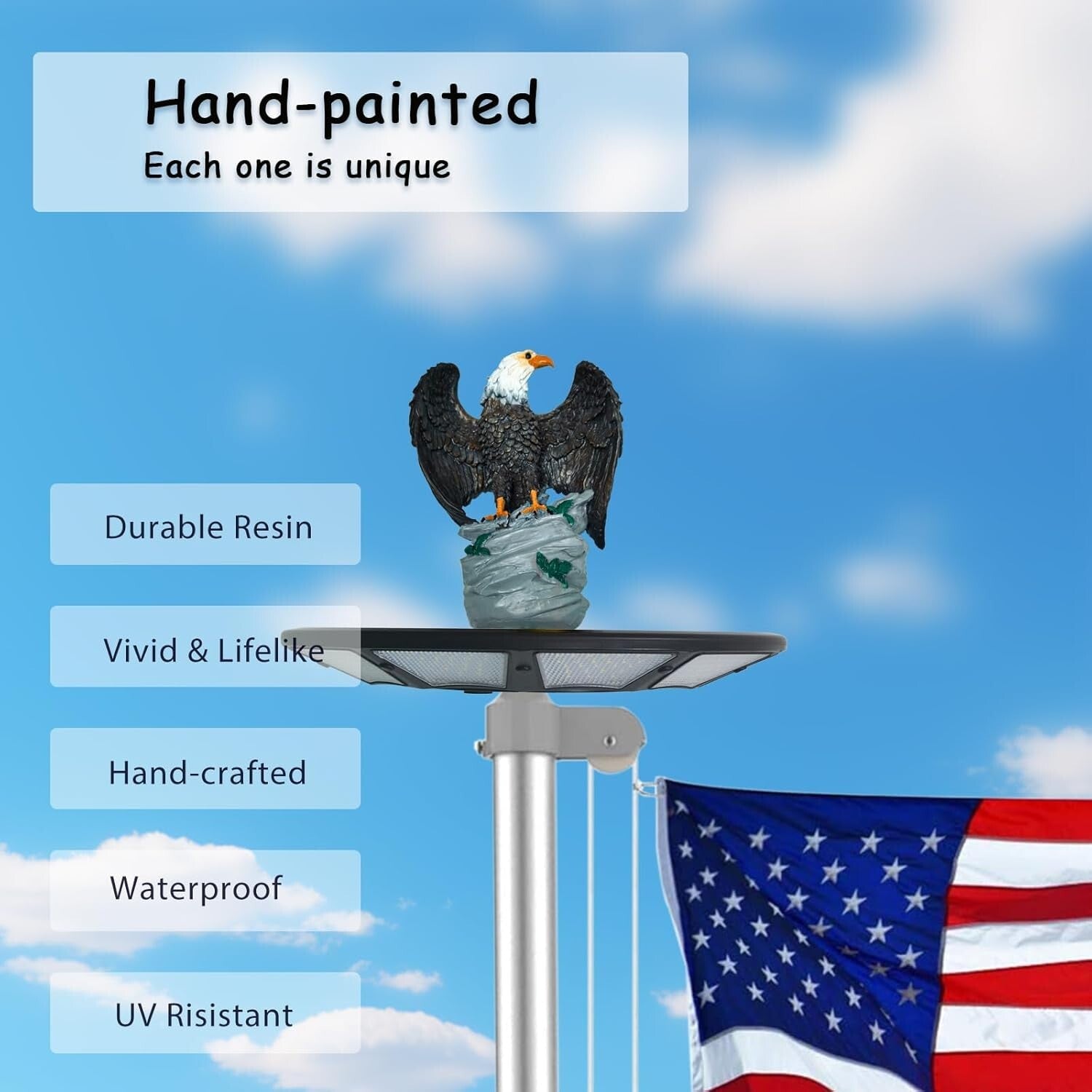 Durable 2-in-1 Bald Eagle Flag Pole Finial - 12" Resin Decor for Patriotic Homes