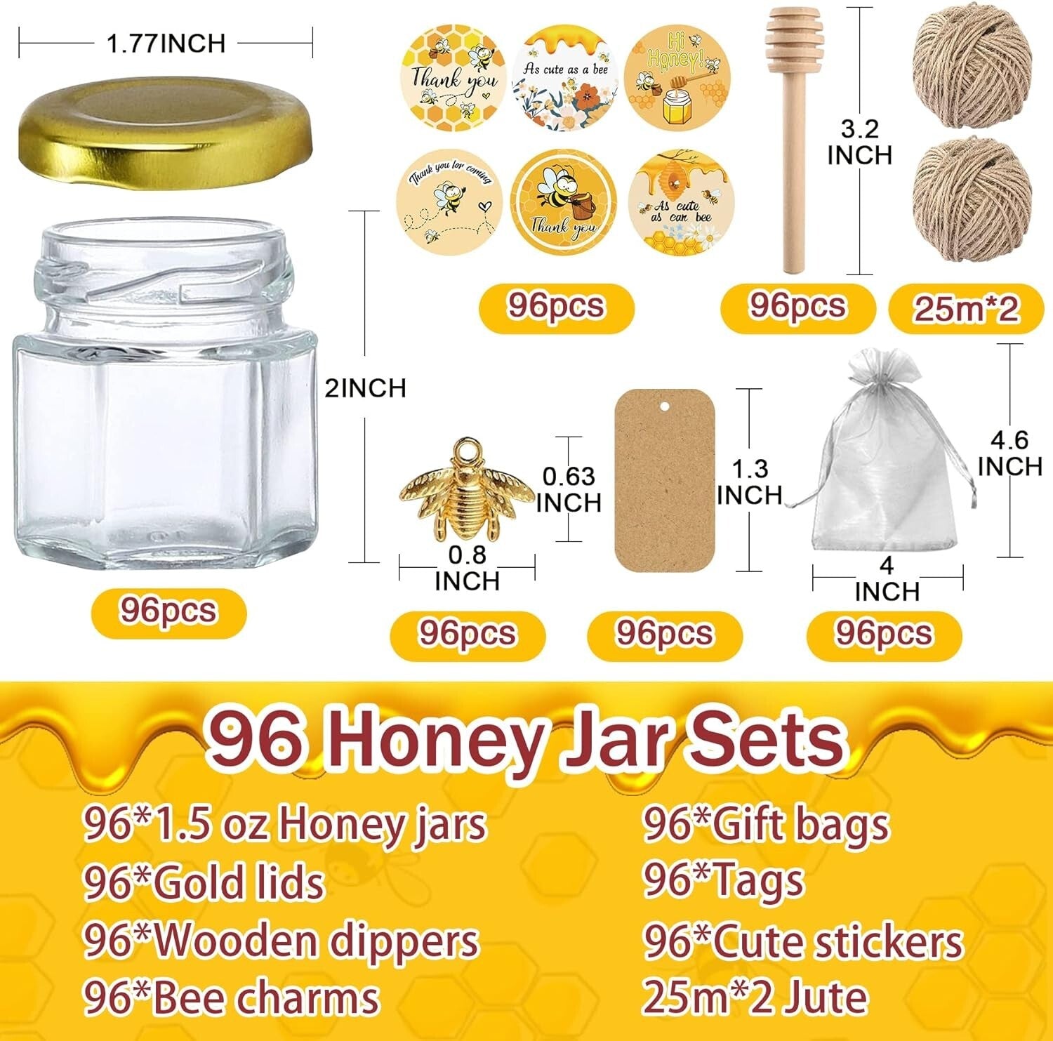 Cute 96 Pack Glass Honey Jars with Accessories – Ideal for Weddings & Birthdays