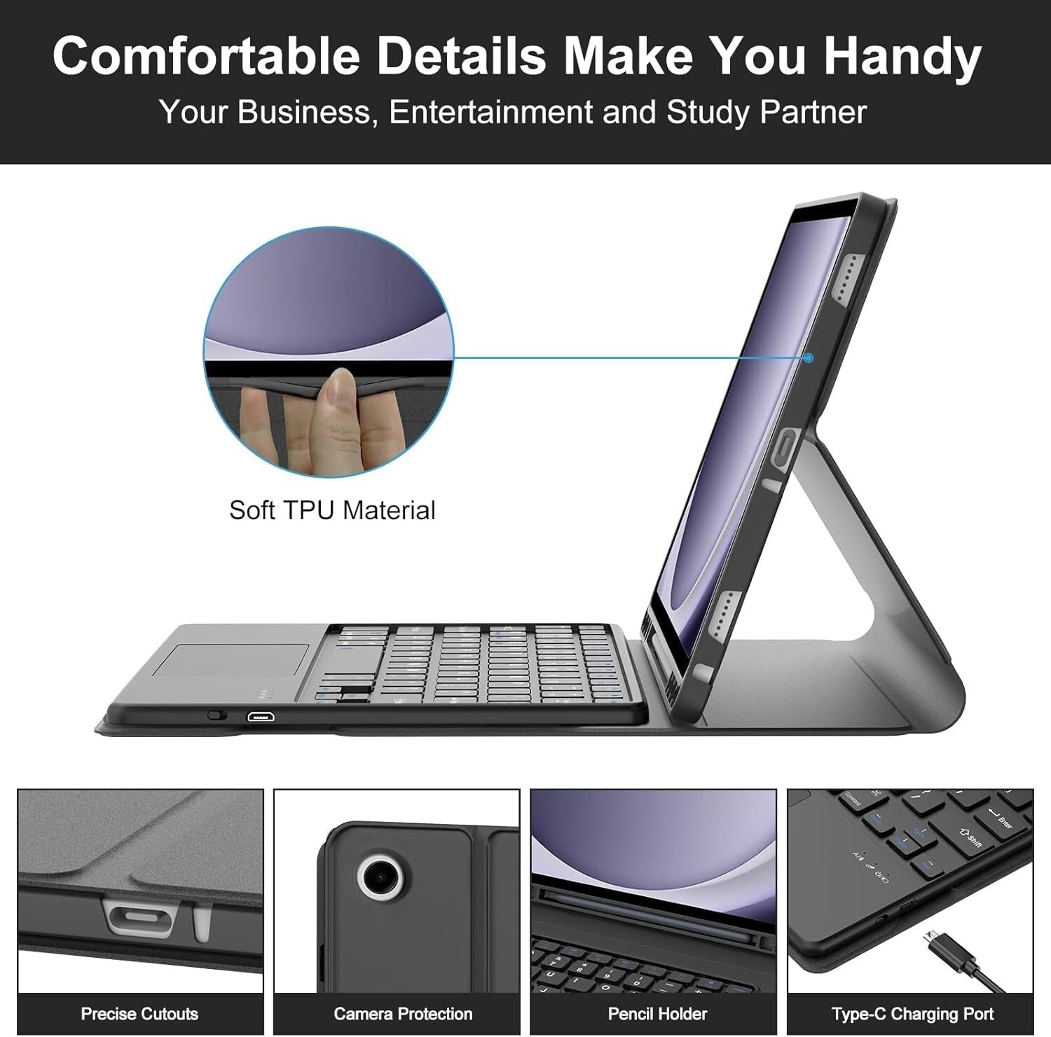 2023 Galaxy Tab A9 Plus 11” Keyboard Case with Adjustable Angles & Battery Saver