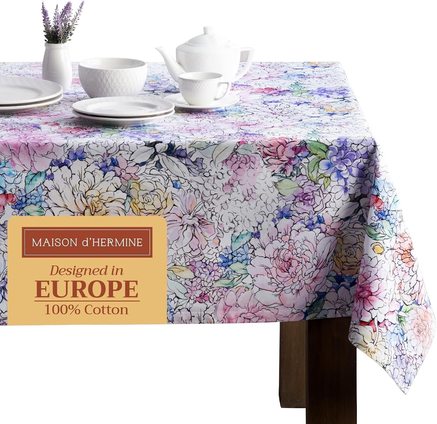 60x90 Rectangular Floral Love Tablecloth - Machine Washable Cotton Elegance