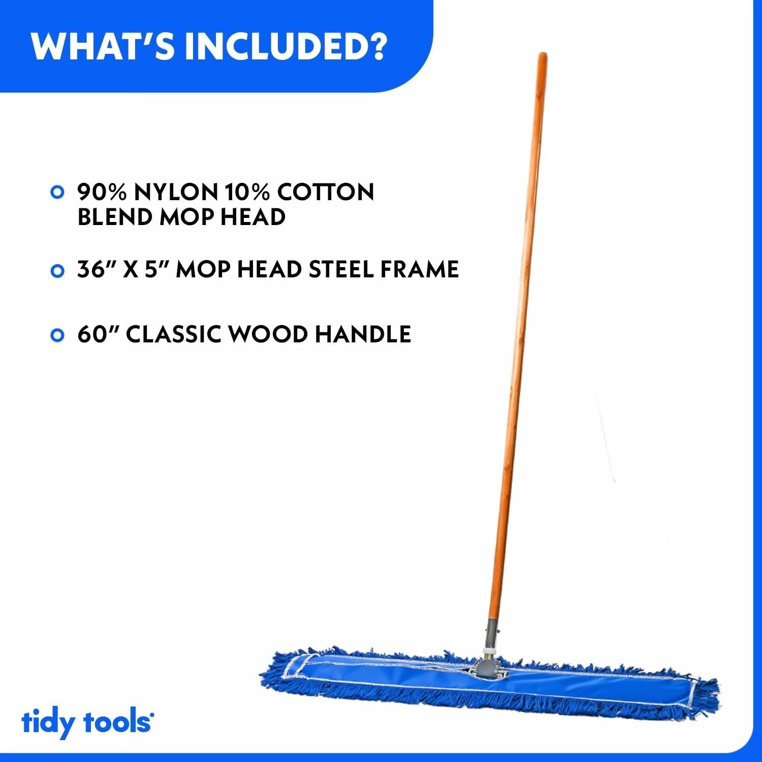 Durable 36In Blue Cotton Dust Mop with Wooden Handle for Heavy-Duty Cleaning