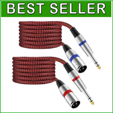 Load image into Gallery viewer, Premium 50FT Nylon Braided Red XLR to 1/4" TRS Cables - Balanced Audio, 2-Pack