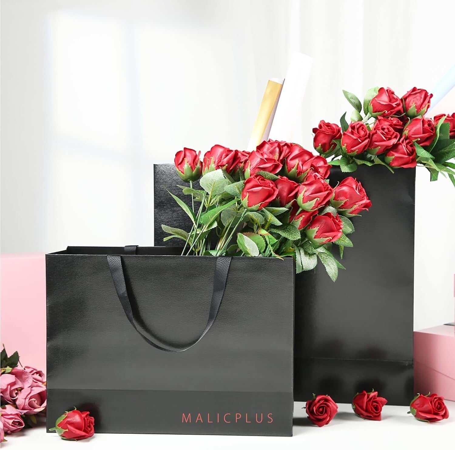 Elegant 12 Set of Embossed Black Gift Bags - Large 17.5x6x16 for Special Events