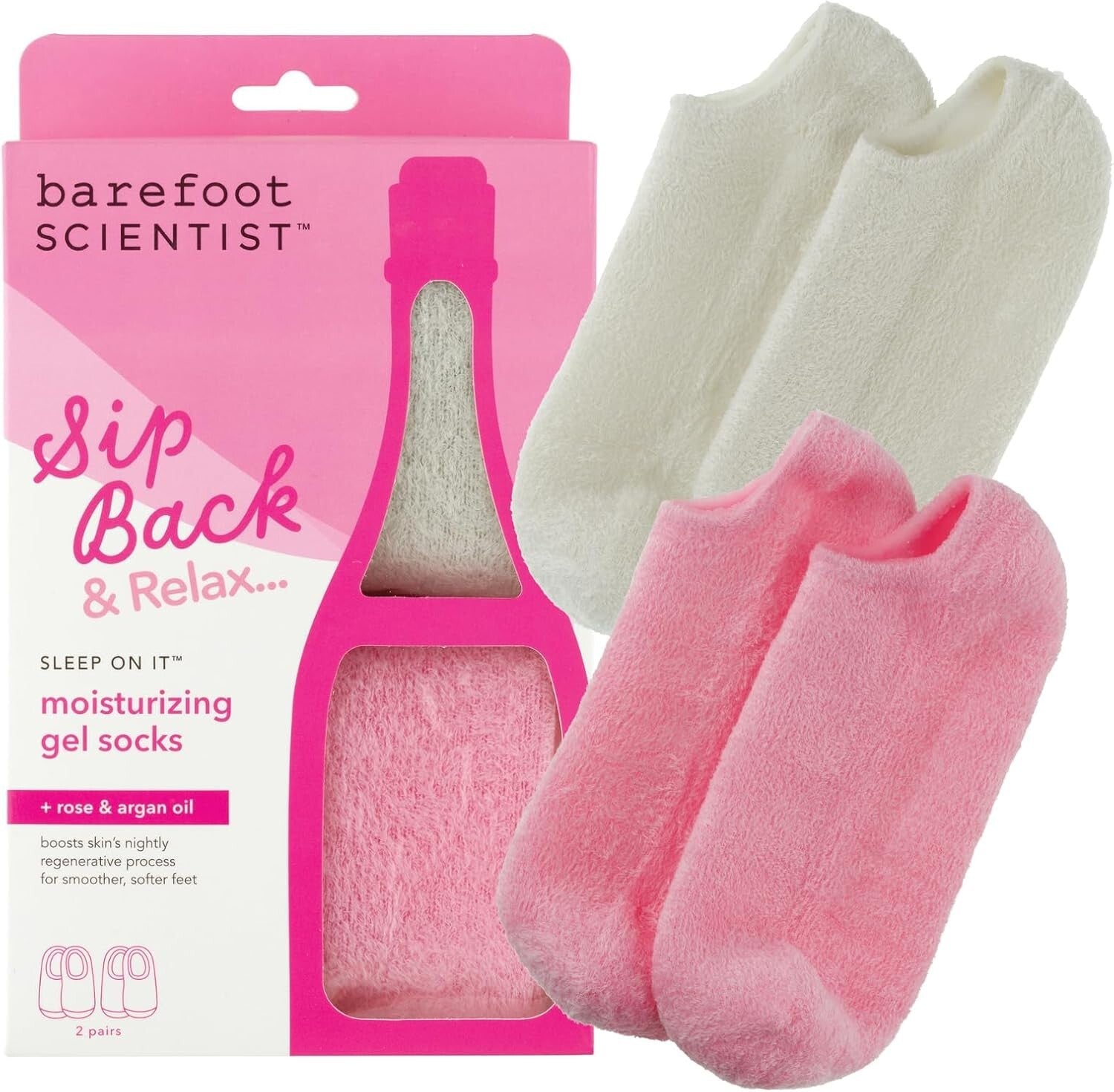 Hydrating Gel Socks 2-Pack for Overnight Moisturizing Therapy – Pink & White