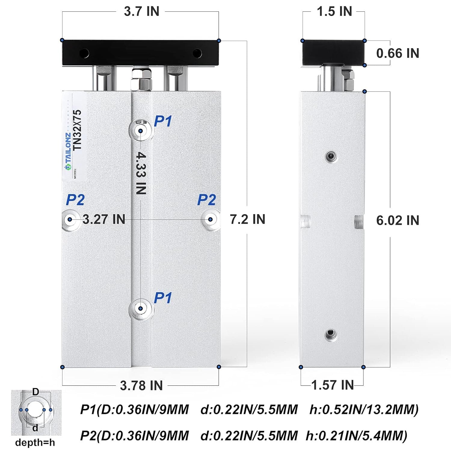 Durable Double-Acting Air Cylinder - 32mm Bore, 75mm Stroke, Easy Installation
