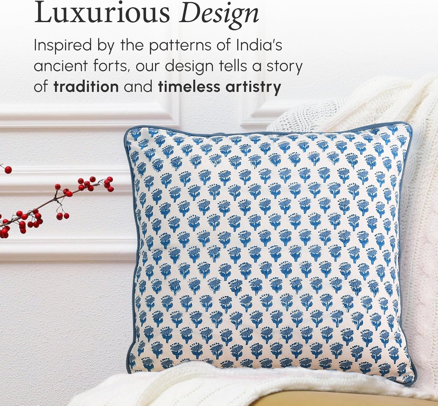 Handcrafted Apatite Blue Floral Throw Pillow Covers - Elegant Bohemian Style