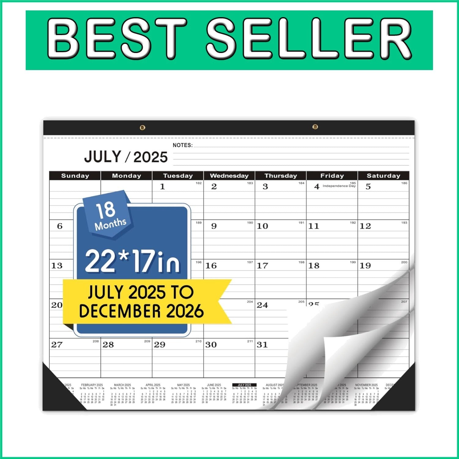 Extra Large 22x7 Classroom & Office Calendar 2025-2026 - Notes and Holidays