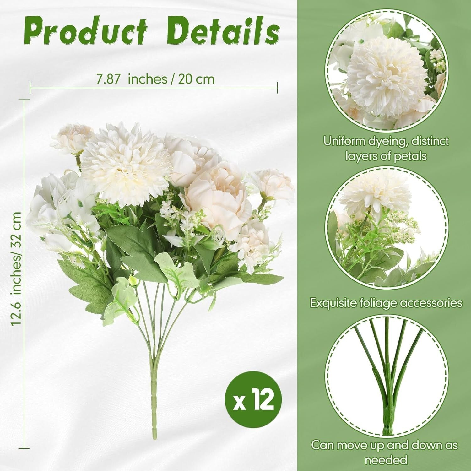 Beautiful 12 Bouquet Silk Peonies - Champagne White Floral Arrangement