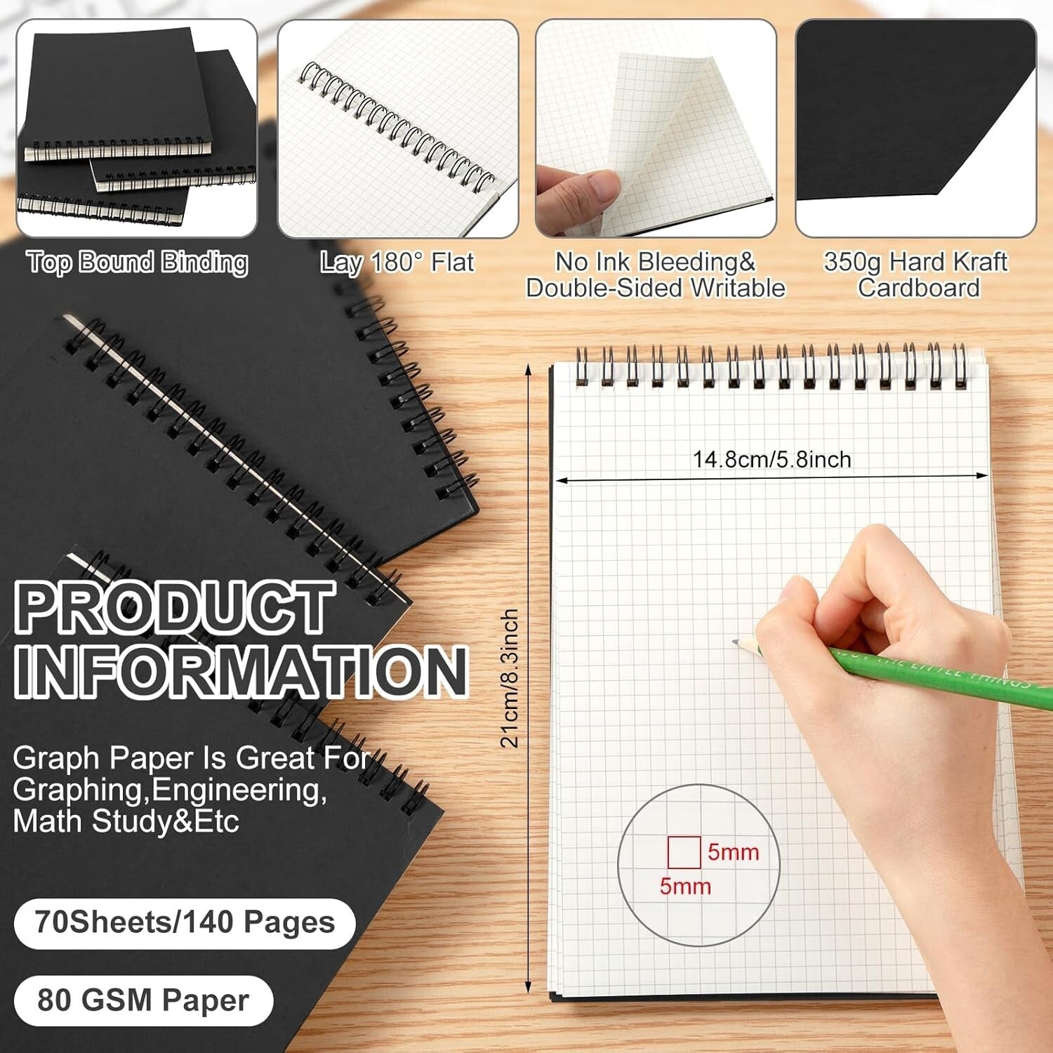 18-Pack A5 Top Wirebound Graph Paper Notebooks - Perfect for Sketching & Design