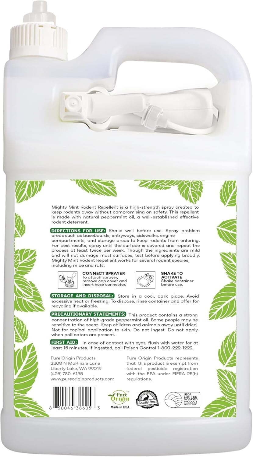 Safe and Effective Natural Peppermint Oil Spray 128 oz - Ideal for Home & Garage