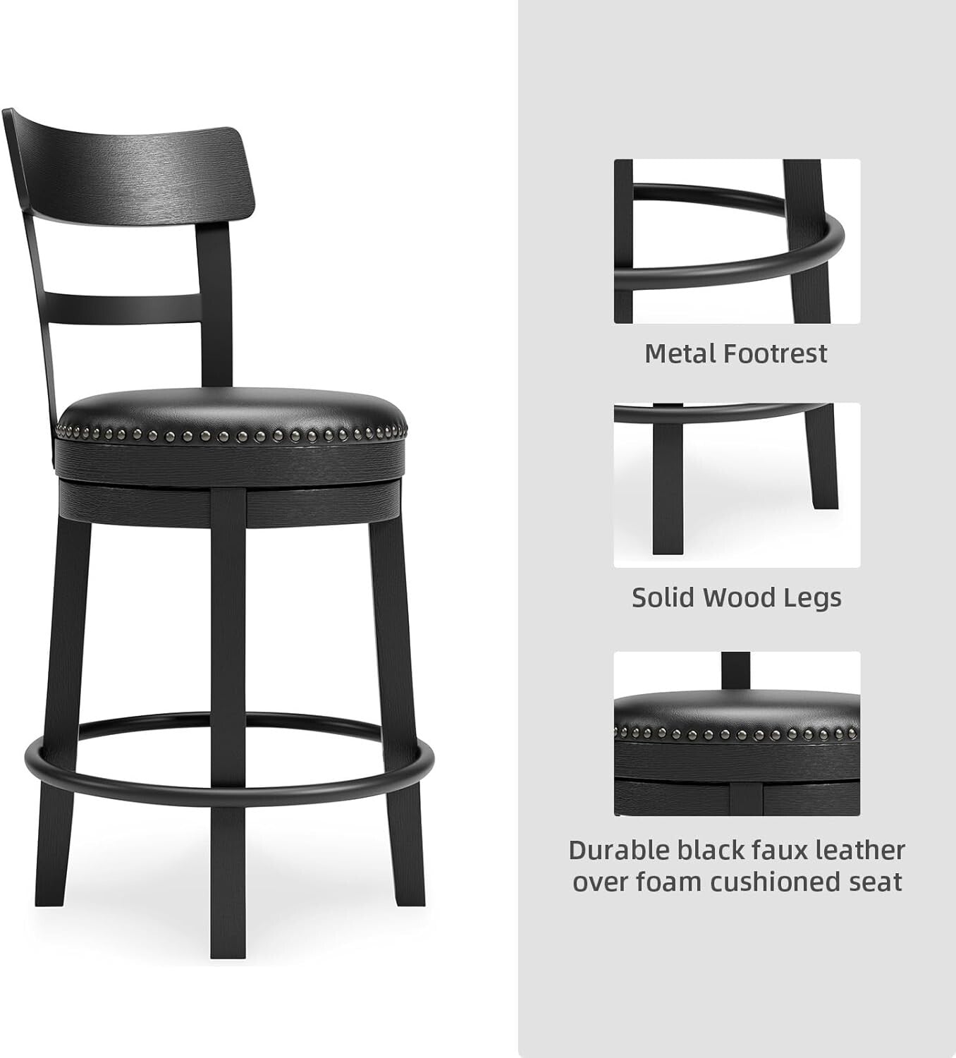 Antiqued Black Faux Leather Bar Stool with Swivel - Perfect for Rustic Decor