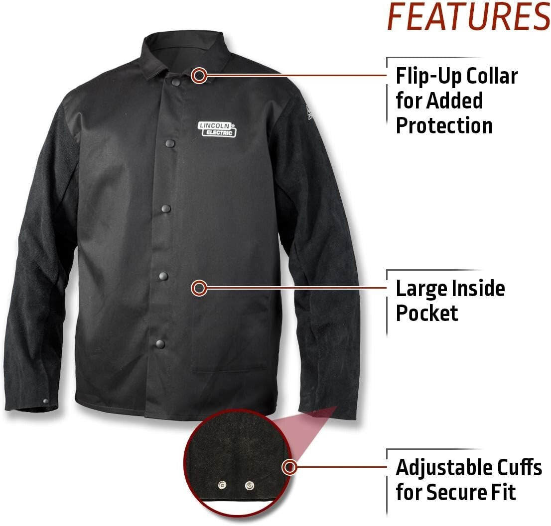 Durable Unisex Leather Sleeved Welding Jacket - X-Large Black Flame-Resistant