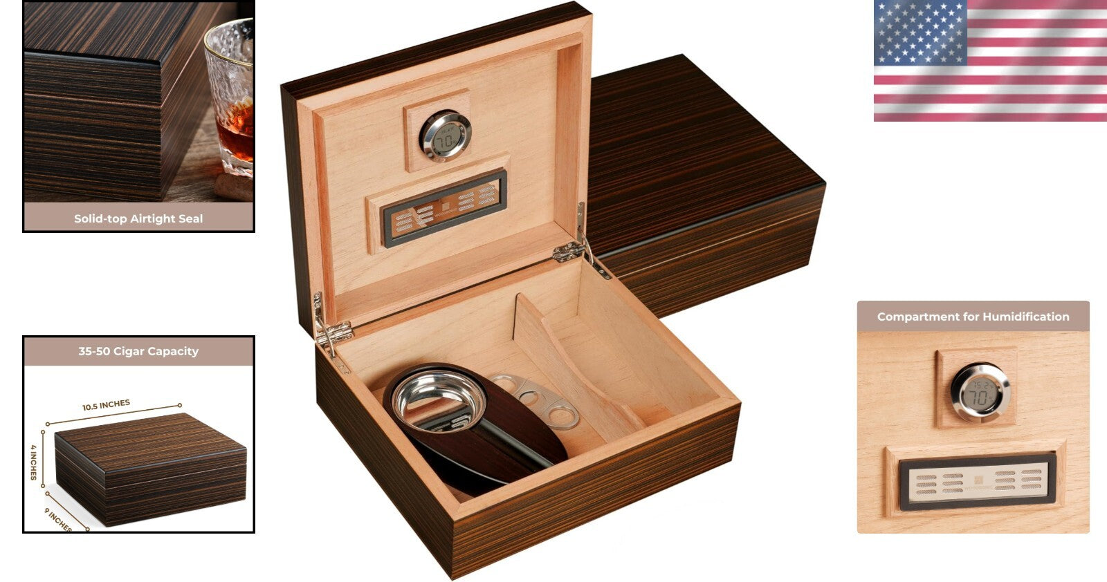 Sleek 50-Cigar Humidor with Digital Hygrometer & Accessory Set for Enthusiasts