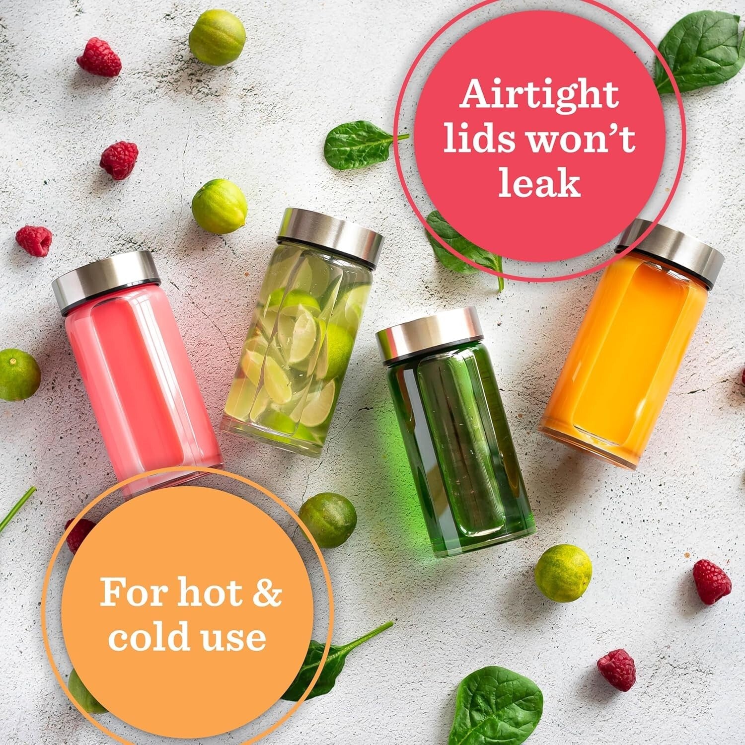 Eco-Friendly 10oz Wide Mouth Glass Bottles with Stainless Steel Lids – 4 Pack