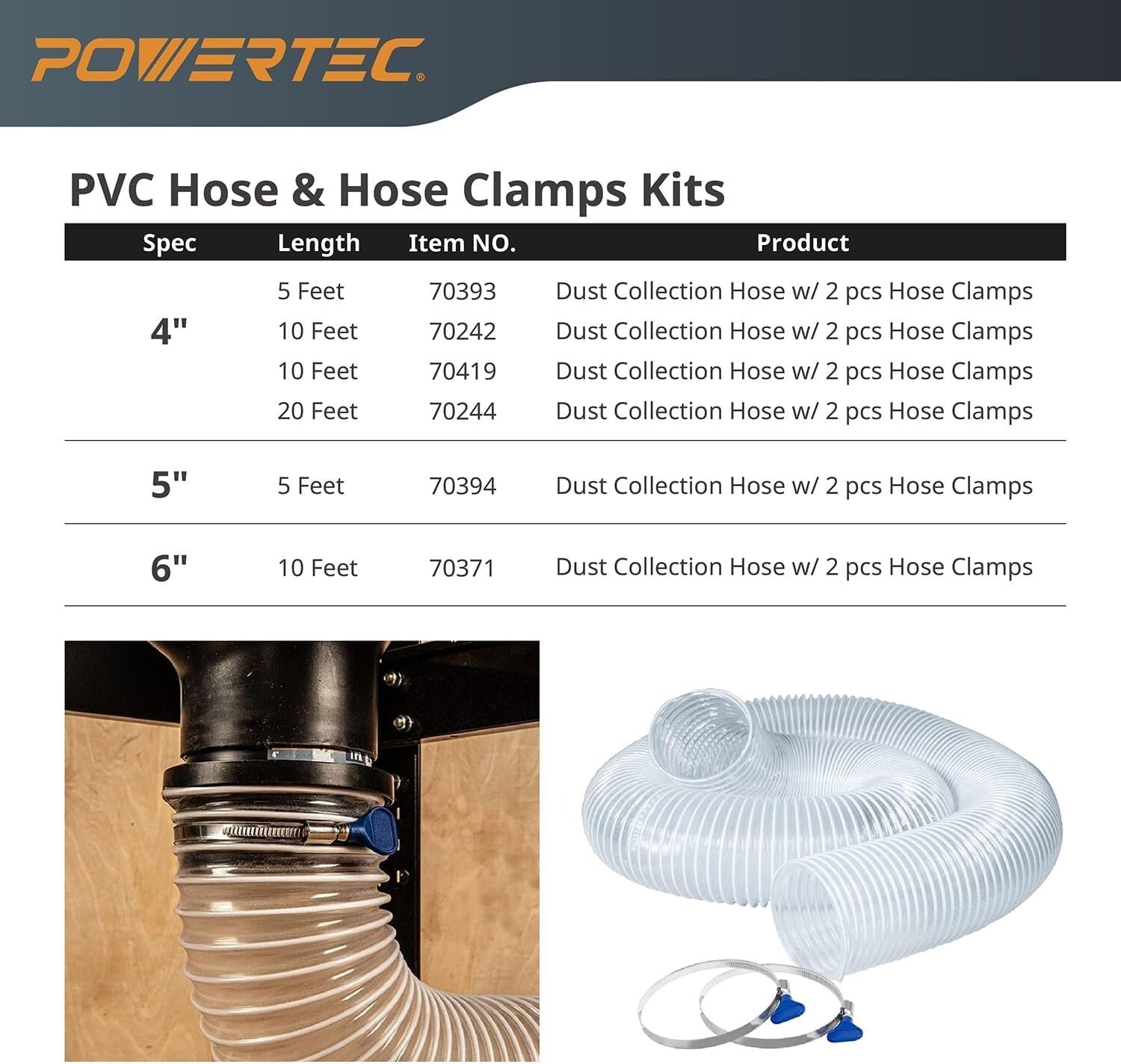 2-1/2" x 20' PVC Dust Collection Hose with 2 Stainless Steel Clamps - Worksho...