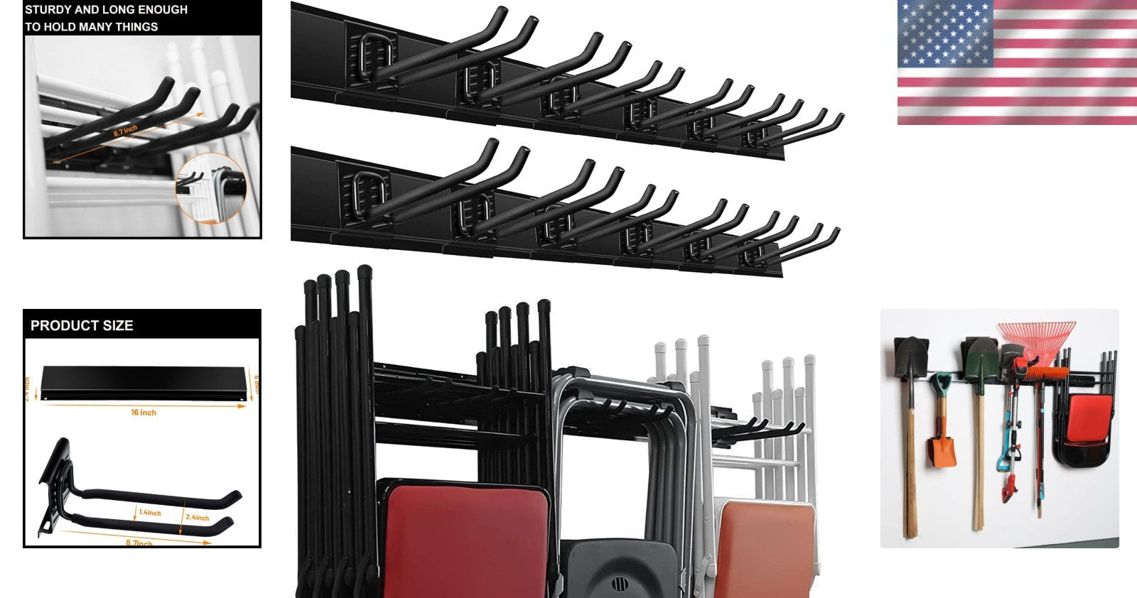 Durable Wall Mount Garden Tool Rack with Adjustable Hooks & Heavy Load Capacity